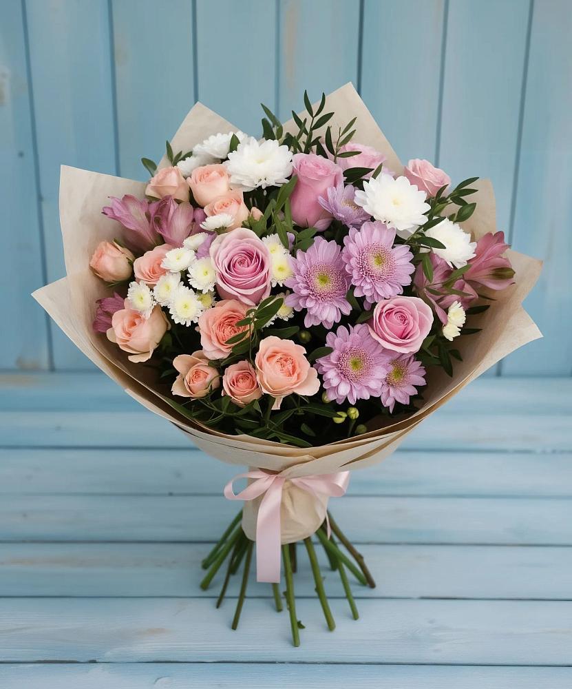 Букет цветов из: Хризантемы, Розы и Альстромерии в Щельпино