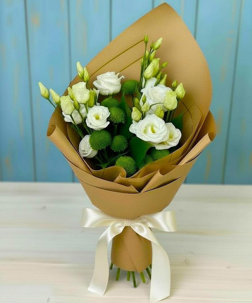 Букет цветов из: Хризантемы и Лизиантусы в Щельпино