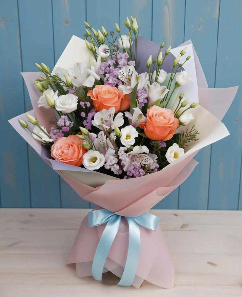 Букет цветов из: Лизиантусы, Розы, Альстромерии и Гипсофила в Щельпино