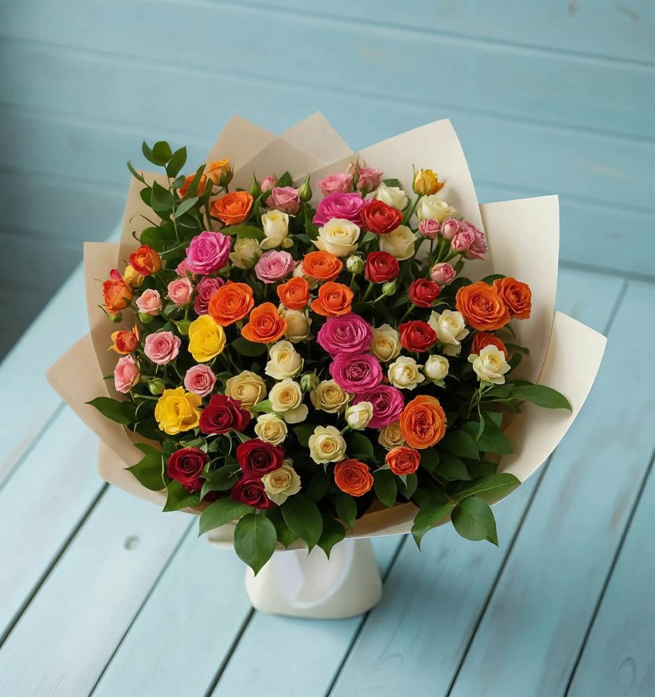 Букет Микс из разноцветных кустовых роз в Щельпино