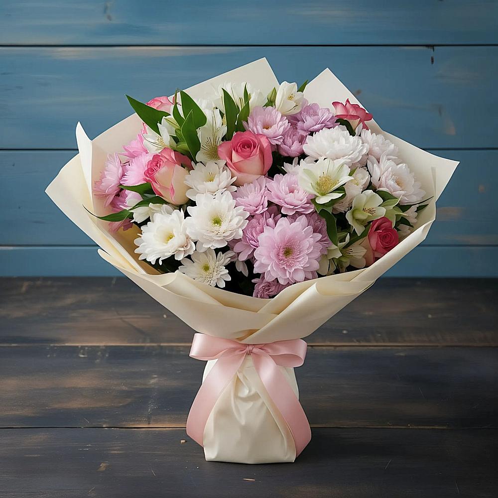 Букет цветов из: Хризантемы, Альстромерии и Розы в Щельпино